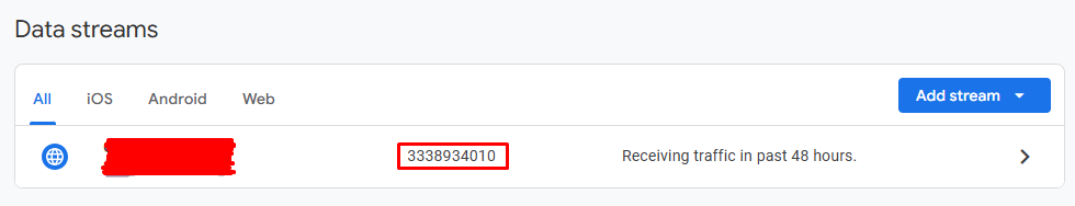 Data streams screen showcasing your measurement id